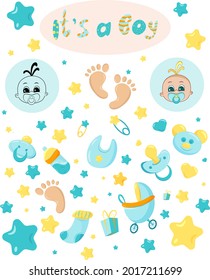 vector set for a newborn baby. design postcard. Text, its a boy