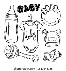 Vector set of newborn baby in doodle style. Feeding bottle, pacifier pacifier, baby drier cap, baby bodysuit, rattle and teething device.