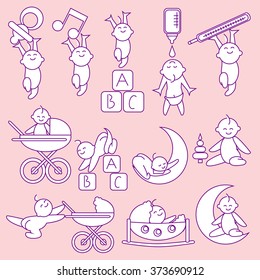 Vector set of newborn baby playing toys and accessories