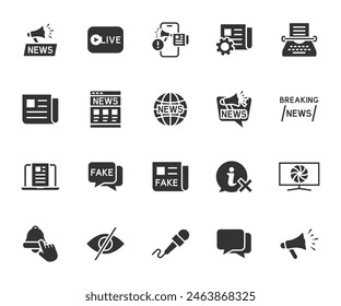 Vector set of news flat icons. Contains icons mass media, content, blogging, fake, newspaper, breaking news, live streaming, propaganda and more. Pixel perfect.