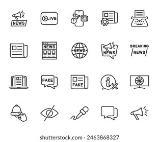 Vector set of news line icons. Contains icons mass media, content, blogging, fake, newspaper, breaking news, live streaming, propaganda and more. Pixel perfect.