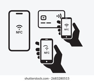 Vector set of NFC icons showing smartphone, contactless card, and wireless payment concept. Ideal for fintech, digital wallet, banking, and online transaction designs