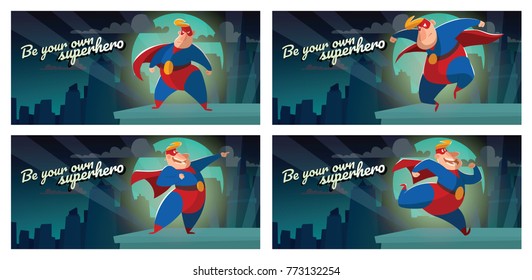 Vector set of night city cards "Be your own superhero" with cartoon images of funny fat superheroes in red-blue suits, cloaks and red masks, with different actions and emotions on a white background.