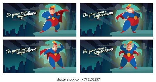 Vector set of night city cards "Be your own superhero" with cartoon images of funny fat superheroes in red-blue suits, cloaks and red masks, with different actions and emotions on a white background.