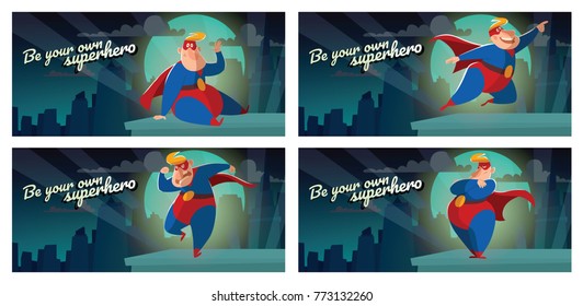 Vector set of night city cards "Be your own superhero" with cartoon images of funny fat superheroes in red-blue suits, cloaks and red masks, with different actions and emotions on a white background.