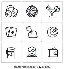 Vector Set of Night Club Icons. Music, Lighting, Drink, Play, Drugs, Night, Protection, Dancer, Finance. Headphones, Color music, Cocktail, Maps, Dose, Crescent, Man, Woman, Purse.