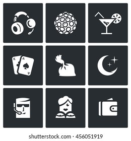 Vector Set of Night Club Icons. Music, Lighting, Drink, Play, Drugs, Night, Protection, Dancer, Finance. Headphones, Color music, Cocktail, Maps, Dose, Crescent, Man, Woman, Purse.