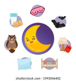 Vector set of night icons. Cartoon cute symbol of night. Illustration cartoon moon.
