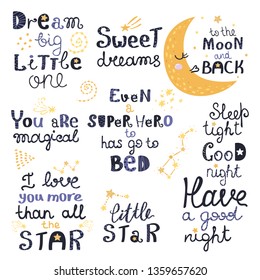 Vector set of night lettering with cute cartoon phrases. Beautiful phrases for baby rooms or bedroom.