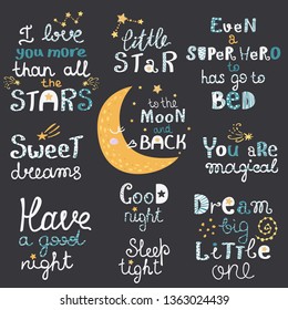 Vector set of night lettering with cute cartoon phrases. Beautiful phrases for baby rooms or bedroom.