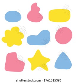 Vector set of nine abstract shapes in pink, blue, yellow.Simple doodles.Colored rounded spots are a circle, square, star, etc.Stock illustration.You can use these elements as a background for text