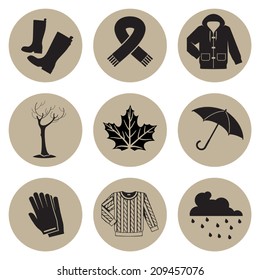 Vector set of nine autumn themed icons featuring rubber boots, scarf, hooded rain jacket, leafless tree, maple leaf, umbrella, gloves, cozy sweater and rain cloud with rain drops
