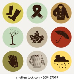 Vector set of nine autumn themed icons featuring rubber boots, scarf, hooded rain jacket, leafless tree, maple leaf, umbrella, gloves, cozy sweater and rain cloud with rain drops