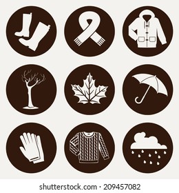 Vector Set Of Nine Autumn Themed Icons Featuring Rubber Boots, Scarf, Hooded Rain Jacket, Leafless Tree, Maple Leaf, Umbrella, Gloves, Cozy Sweater And Rain Cloud With Rain Drops