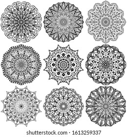 Vector set of nine black mandalas on a white background.