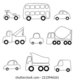 Vector Set With Nine Cartoon Outline Cars: Motorbike, Bus, Passenger Cars, Crane, Concrete Mixer, Truck. Isolated Illustration For Colouring Pages, Sticker, Print, Pattern.