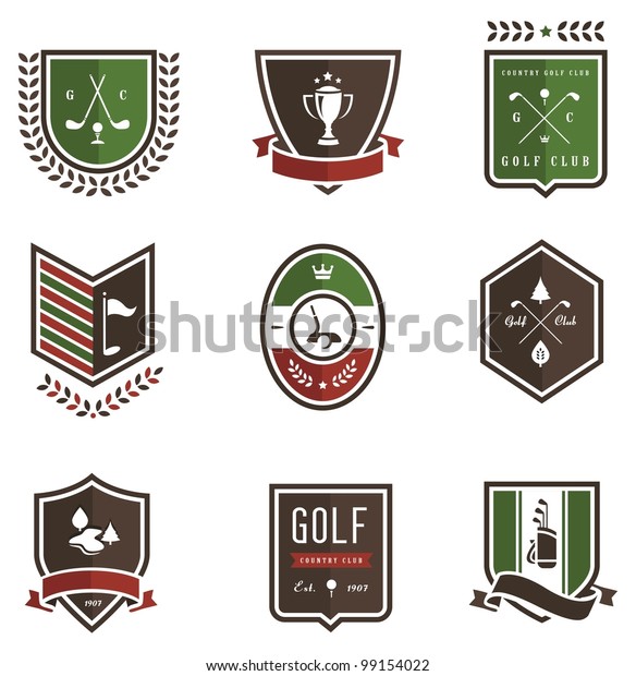 Vector set of nine\
colored golf emblems