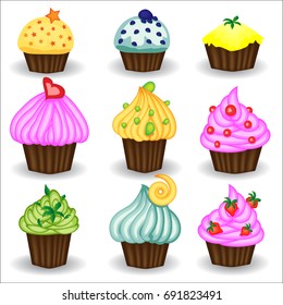 Vector set of nine colorful doodle cupcakes. Cupcakes decorated with cherry, strawberry