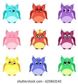 Vector set of nine colorful owls with different emotions