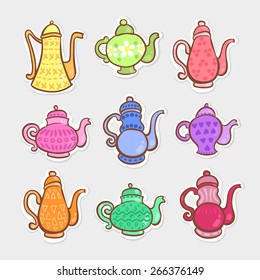 vector set of nine colorful teapots on a gray background