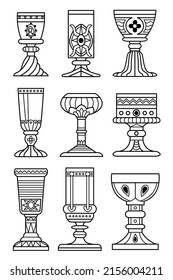 Conjunto vectorial de nueve dibujos de contorno de goblets de fantasía ornamentados con incrustaciones y decoraciones. chalés de estilo medieval. Ilustración gráfica para logo, tarjeta, afiche, banner.