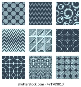 Vector set of nine creative modern seamless patterns. Abstract endless textures collection. Repeating square tiles for wallpapers, cards, banners, wrapping papers, fabrics or website backgrounds.