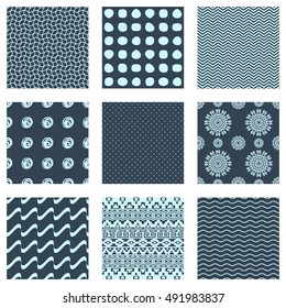 Vector set of nine creative modern seamless patterns. Abstract endless textures collection. Repeating square tiles for wallpapers, cards, banners, wrapping papers, fabrics or website backgrounds.