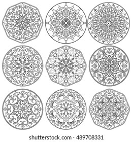 Vector set of nine decorative elements mandala in black and white. For coloring pages, backgrounds, decoration for your design. 