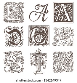 Vector set of nine decorative hand drawn initial letters. English letters in vintage style. Fancy letters with curls. Black and white illustration.
