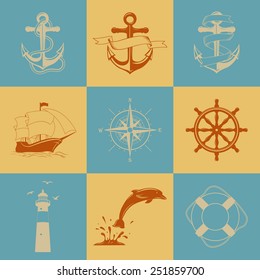 Vector set of nine decorative nautical signs and icons
