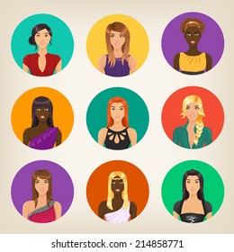 Vector set of nine different avatars in modern style