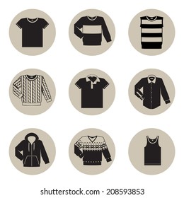 Vector set of nine different black and beige men wear (fashion) circle icons featuring t shirt, jersey, vest, wool sweater, polo shirt, dress shirt, hooded sweatshirt, pullover and undershirt