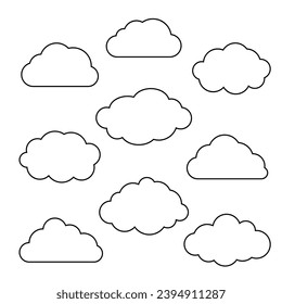 Vector set of nine different clouds silhouette on white background eps. cloud icon set.