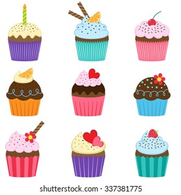 Vector set of nine different cute cupcakes 