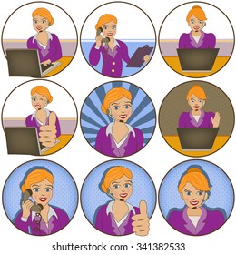Vector set of nine different female customer service or call center operator cartoon illustrations.