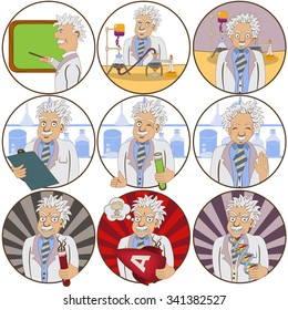 Vector set of nine different scientist cartoon illustrations.
