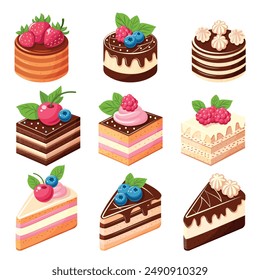 Vector Set of nine different types of cakes with berries on top. Chocolate, vanilla and honey cakes covered with white icing, cream and chocolate.