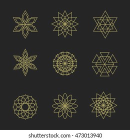 Vector set of nine elements. Line Gold shape, logos templates for your design. Cosmetology, medicine, natural products, beauty industry. Vector golden emblem on a black background.