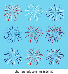 vector set of nine fireworks in blue, red and white colors. EPS