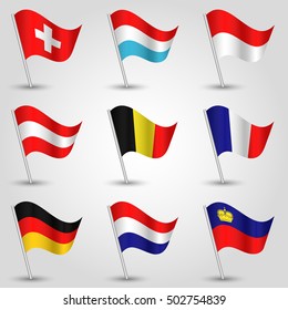 vector set nine flags - waving simple triangle austrian, belgian, french, german, liechtenstein, luxembourg, monaco, netherlands and swiss flag slanted silver pole - icon of states of western europe