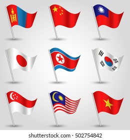 vector set of nine flags - waving simple triangle vietnamese, singaporean, taiwanese, korean, japanese, mongolian, chinese and malaysia flag on slanted silver pole - icon of states of east asia