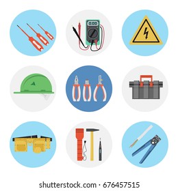 Vector set of nine flat round icons for electrical tools. Green hard hat, tool belt and box and many special professional devices