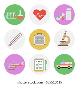 Vector set of nine flat round medicine icons. Medical test, pills, heart and test tubes. Microscope, ambulance car and helicopter, doctor suitcase, thermometer