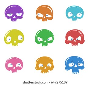 Vector set of nine funny cartoon skulls with various emotions