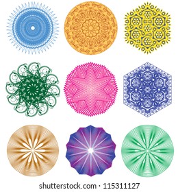 vector set of nine geometric designs and elements guilloche