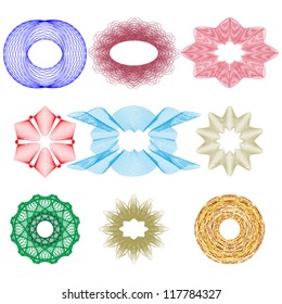 vector set of nine geometric designs and elements guilloche for logo