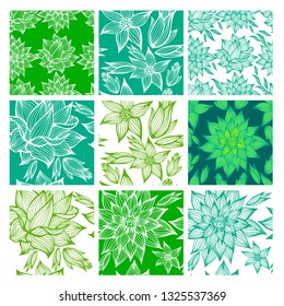 Vector set of nine green seamless patterns with flowers and leafs