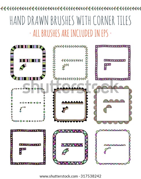 Vector set of nine hand drawn brushes with corner\
tiles. Seamless pattern of different colors for frames, borders and\
design elements. Vector isolated illustration. Brushes are included\
in eps.