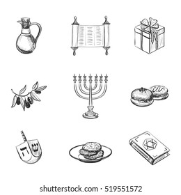 Conjunto de vectores de nueve iconos Dibujar Hanukkah, símbolos tradicionales