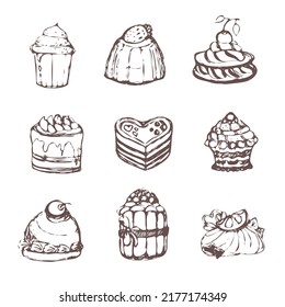 Vector set of nine icons. Sweet pastries in a flat style. Cake, pastry, cocktail, ice cream, muffin. White background, line art.
